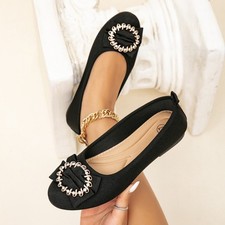 Womens Black Rhinestone Bow Ballet Flats, Round Toe Slip-On Casual Party Shoes