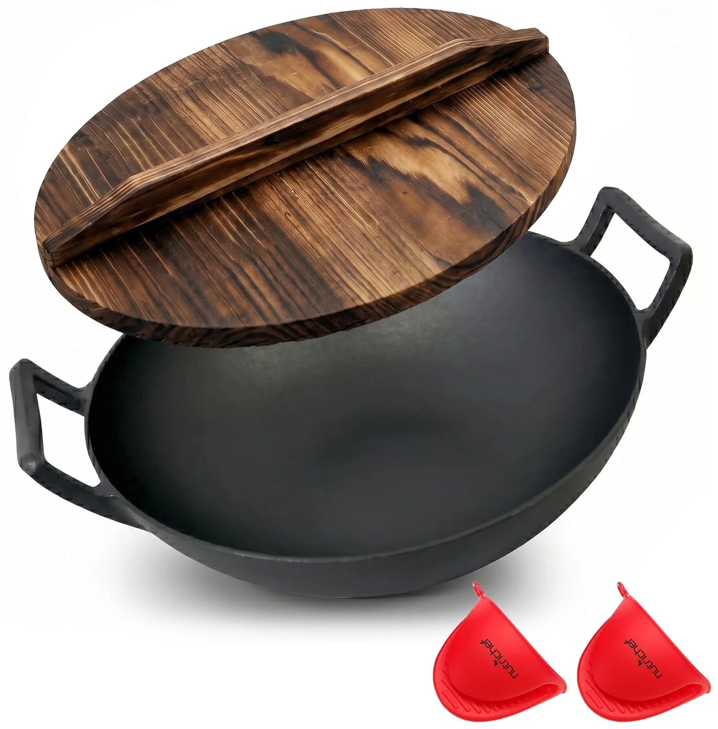Cast Iron Wok with Wooden Lid Pre-Seasoned Chinese Stir Fry Pan NutriChef