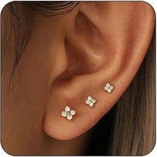 3 Pairs 14K Gold Earring Stud 12 millimeters, 3-Gold Flower-3/4/5mm