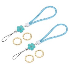 2Pcs Wristlet Lanyards, 4.7" Leather Keychain Strap with Flower Charm, Blue