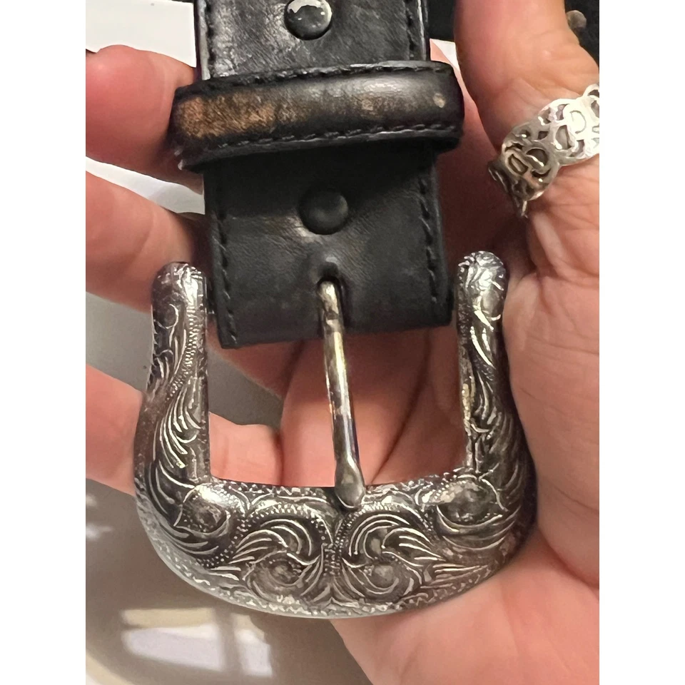 Tony Lama Western Black Leather Concho Belt 36 Silver Engraved Buckle - Image 3 of 4