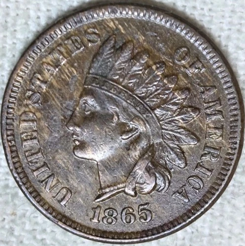 1865 Indian Cent Plain 5 AU+ Obv. Env Damage Rev. Breaking Up Sets. Free Ship