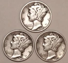 New Listing(3) Mercury Dimes - Very Fine - 1942P 1944P 1945P - #3587ED FREE SHIPPING