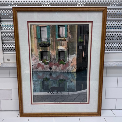 #ad #ad Original Art Print Signed Martin Roberts Cat on a Canal Vintage Framed Artwork $97.20