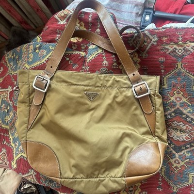 Authentic PRADA Shoulder Bag Tessuto Leather + Nylon Triangle Logo No Long Strap