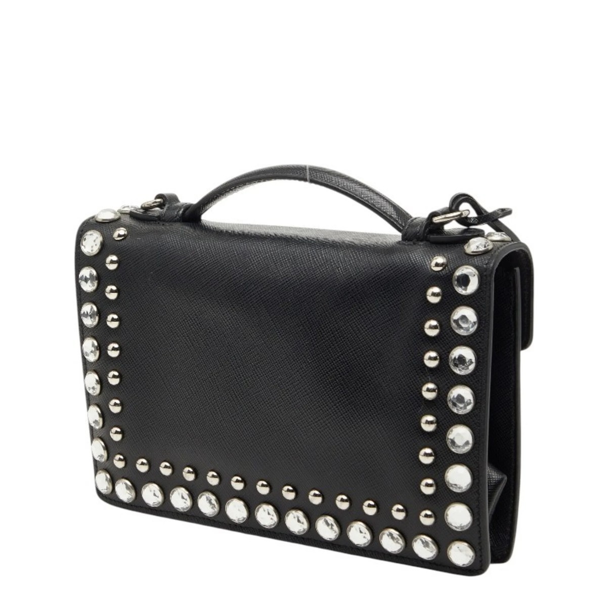 Prada Studded Handbag Shoulder Bag 2-Way Black Saffiano Leather wi