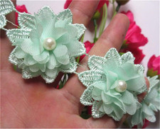 20Pcs Flower Pearl Beads 3D Chiffon Floral Lace Ribbon Edge Trim 2 Inch Width Vi