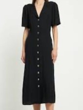 Reformation Locklin Dress 6 Black Crepe Button Front Midi Classic LBD NWT