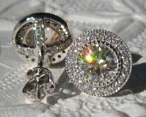 3.00Ct Round Cut Lab Created Moissanite Halo Stud Earrings 14K White Gold Plated - Picture 3 of 6