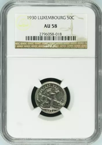 :1930 LUXEMBOURG 50-CENTIMES KM# 43 NGC AU-58 LOW POP RARITY R-9 HIGHEST GRADES