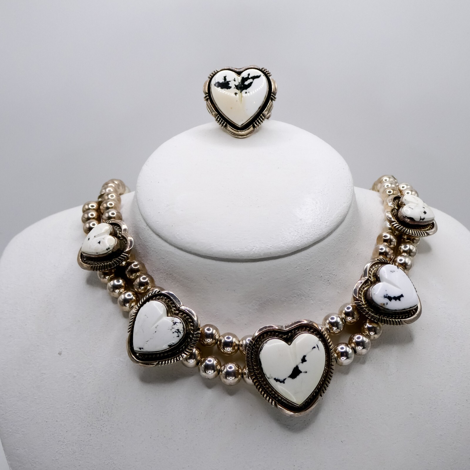 Leslie Yazzie Navajo Sterling White Buffalo Silver 925 Heart Necklace Ring Set