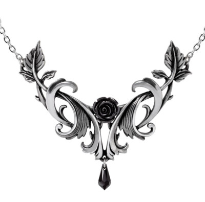 Alchemy Gothic Baroque Black Rose Pendant Crystal Teardrop Scroll Necklace P955