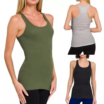 Womens Cotton Racerback Tank Top Ribbed Stretch Long Workout Fitness Yoga - Image 1 of 3