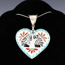 NATIVE AMERICAN ZUNI INLAY OWL HEART PENDANT BY QUINTIN QUAM