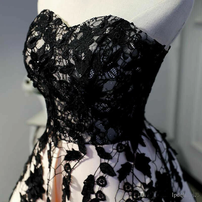 Champagen Wedding Dresses Tea Length Corset Black Lace Sleeveless Bridal Gowns - Image 3 of 4