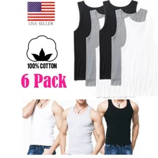 6 Pack A-Shirt Pack Tank Top Men Gym 100% Cotton Tag-free Tank Top US Seller
