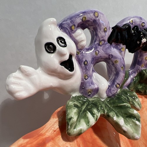Halloween Candy Dish Pumpkin Ghost Bat - Ceramic Bowl Jack O Lantern - 9.5” - Picture 4 of 10