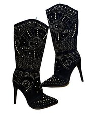 Black Studded High Heel Boots Mid Calf Size 10 Stiletto Evening Party Cowboy Y2K