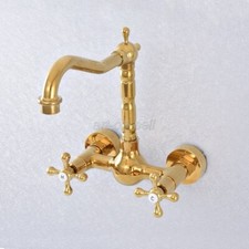 Gold Color Brass Bathroom Basin Sink Faucet Dual Handles Mixer Tap Wall Mount