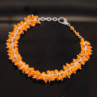 Orange Jasper Zircon Beads Bracelet In Silver With Fish Clasp CB