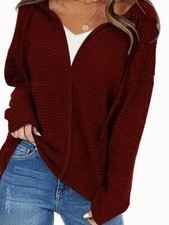 Plus Size Drawstring Hoodie, Stretchy, Loose Fit, Zip Up, S 24, Burgundy, New