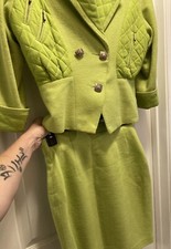 Vtg Fai Tat Women  s Skirt  Cropped Jacket Suit Set Bright Lime Green Wool Sz 38