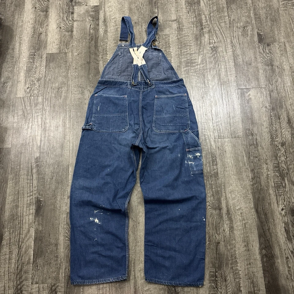 Vintage 60s Red Camel Sanforized Faded Denim Bib Work Grunge Overalls 38x29 - Image 2 of 4