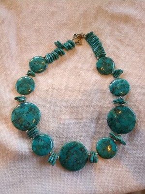 Turquoise Round Cut Discs  And  Rectangle Plates Necklace Sterling Silver Clasp