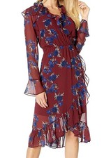 Kensie Women's Red Rhythm and Blues Floral Long Sleeve Faux Wrap Dress Sz M