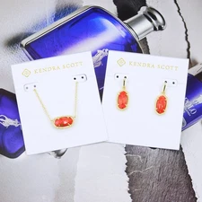 CLEARANCE Kendra Scott Elisa Lee Red Bronze Veined Necklace Earring Gold SET