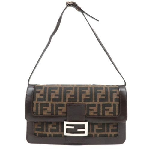 FENDI Zucca Canvas Leather Shoulder Bag Brown Black Silver HDW 16381 Authentic