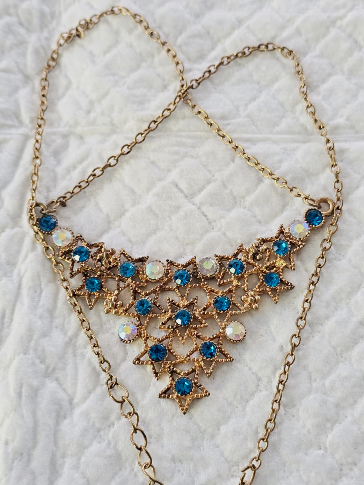 Betsey Johnson Gold Tone Blue Crystal Star Bib Statement Necklace Cable Chain