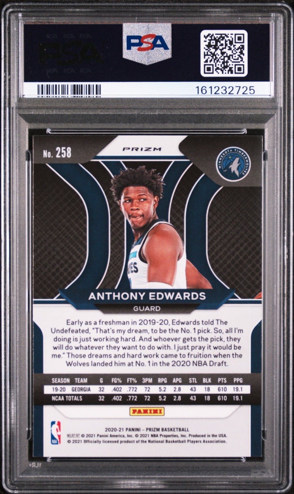 ANTHONY EDWARDS 2020 PRIZM SILVER ROOKIE RC #258 PSA 10 GEM MINT! NBA #161232725 view 2