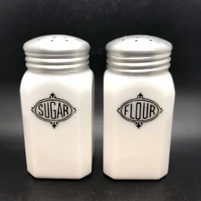 Vtg Hazel Atlas White Glass Flour & Sugar Shakers Range Top Metal Lid