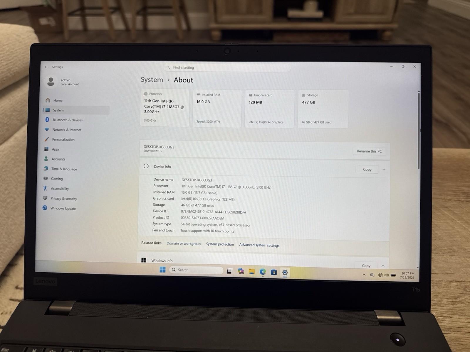 Lenovo ThinkPad T15 (Gen 2), 15.6-Inch Laptop, with Intel Core i7 11th Gen., 512 GB SSD (Solid State Drive), Windows 11 Pro