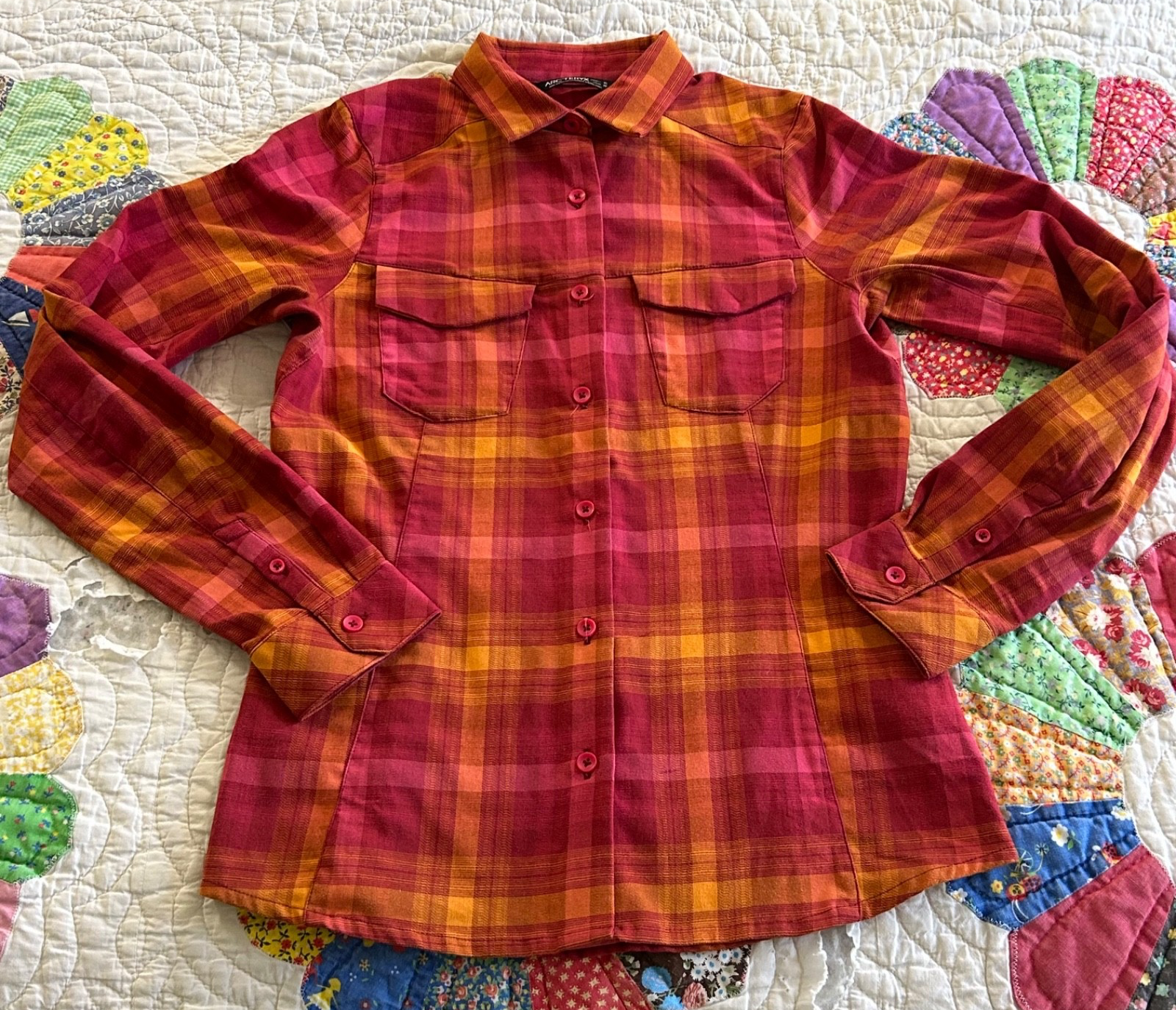 Arc'teryx camicia donna outdoor manica lunga quadri a quadri arancione rosa taglia XS