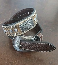 Nocona Western Boys Sz 24 Belt Youth Leather Calf Hair Stones Brown N4419402
