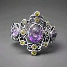 Natural Amethyst Peridot 925 Sterling Silver Filigree Ring Sz 6 1044