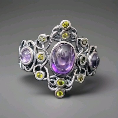Filigraner Ring natürlicher Amethyst & Peridot 925 Sterlingsilber Gr. 6 1044