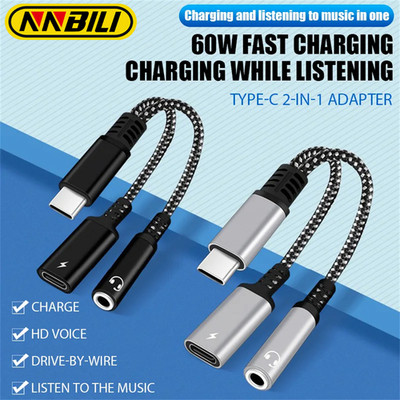 2 in 1 Type-C USB C to 3.5mm AUX Audio Headphone Jack Adapter Charger Cable New