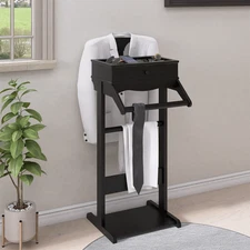 Clothing Rack with Storage Shelves, Wooden Valet Stand for Men Women, Garment