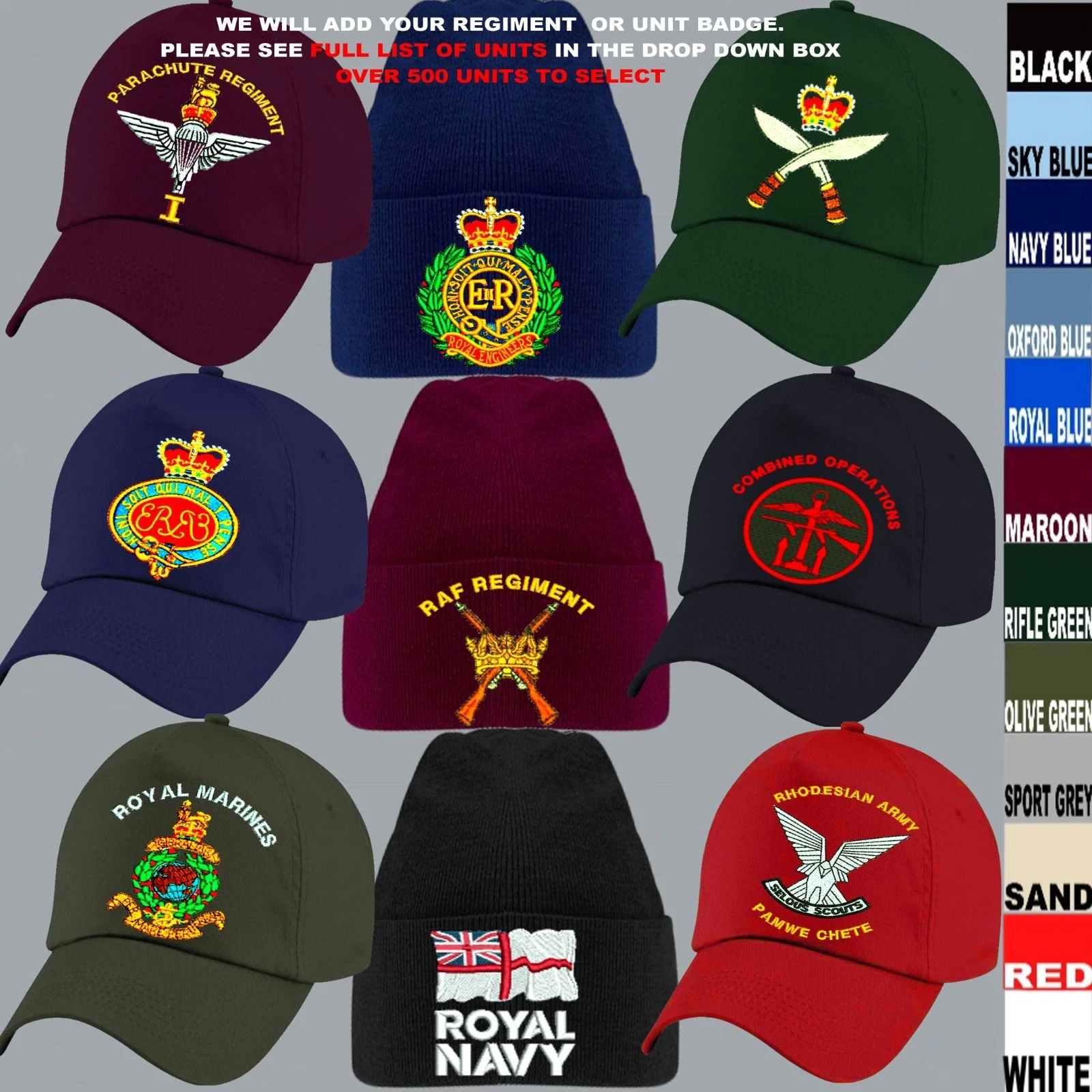UNITS A TO E UK FOREIGN REGIMENT CORPS EMBROIDERED BASEBALL CAP OR BEANIE HAT