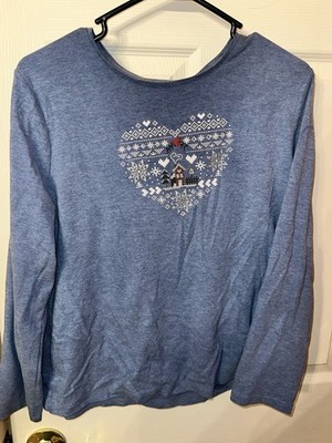 Croft & Barrow Women's Blue With Heart Christmas Design Long Sleeve Shirt XL