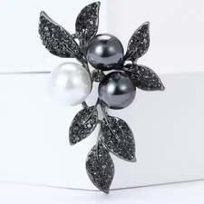 Elegant Black Sparkling Rhinestone Pearl Flower Leaf Brooch Pin - Jewelry Gift