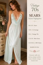 Vintage 70s Sears Mint Nylon Nightgown Ruffle Lace Front Slit Maxi Sz 32 USA