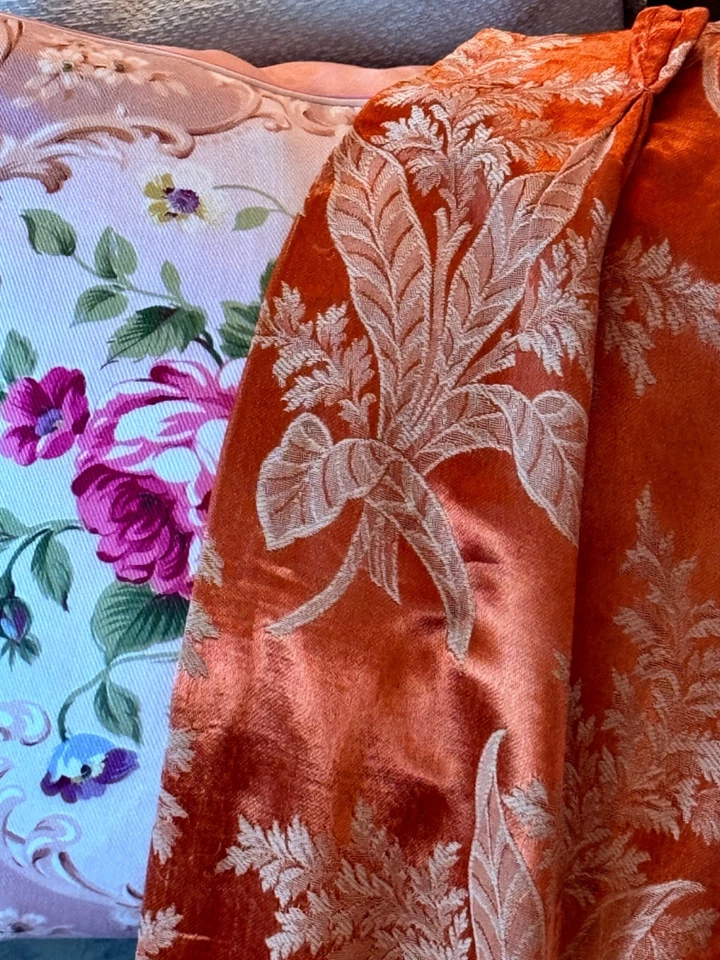 Fita folha laranja Art Nouveau cetim damasco era pano de casca cortina drapeada vintage - Imagem 3 de 4