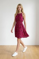 LOFT Women  s Pink Floral Halter Sleeveless Smocked Fit  Flare Knee Dress XS