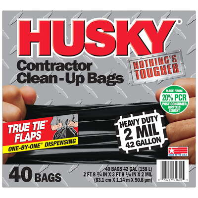 #ad Husky Heavy Duty Contractor Black Bags 42 Gallon 40 Bags 2 Mil 20% PCR $21.54