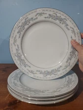 CHINA: SOMERSET by NL Excel, 10.5" DINNER PLATES, Set of 4, Blue Flower Band #3