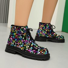 Sequin Women's Faux Leather Ankle Boots Lace Up Shoes Platform Round Toe